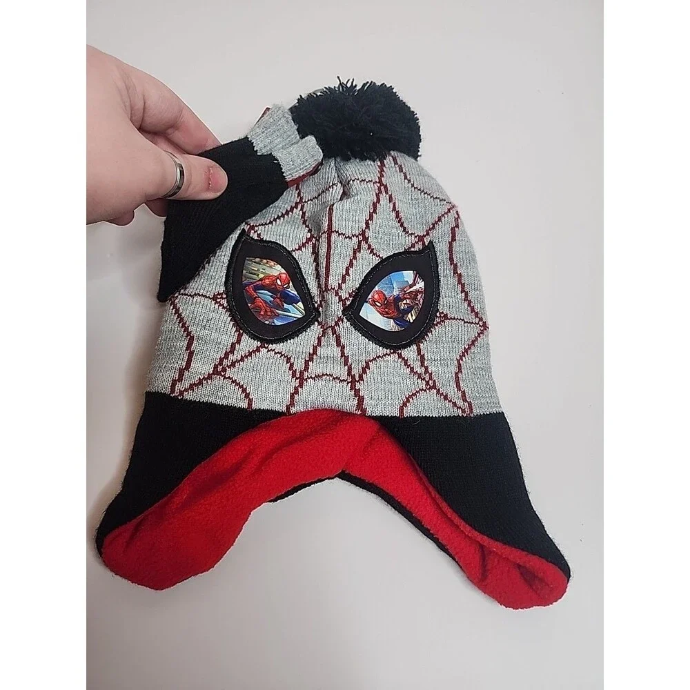 Spider-man Hat & Mitten 2 Piece Set Boys Cold Weather Gray Knit Red Marvel New